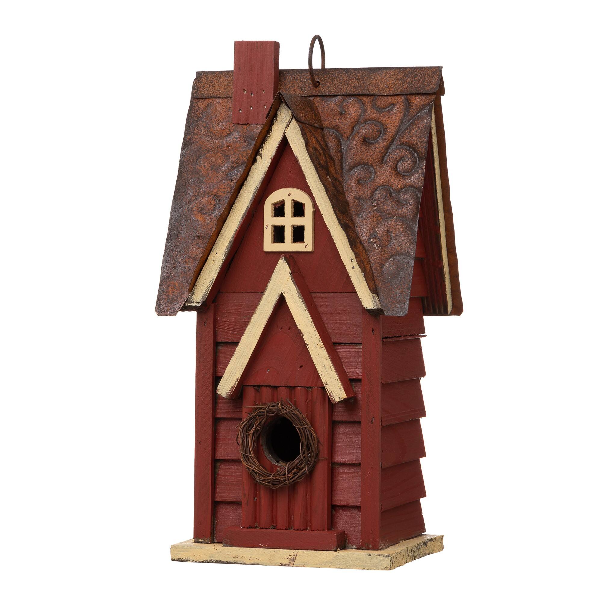 Glitzhome® 12" Hanging Distressed Red Cottage Solid Wood Birdhouse